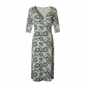 Soft Surroundings Green/White Floral Midi V neckline Dress - Size Large